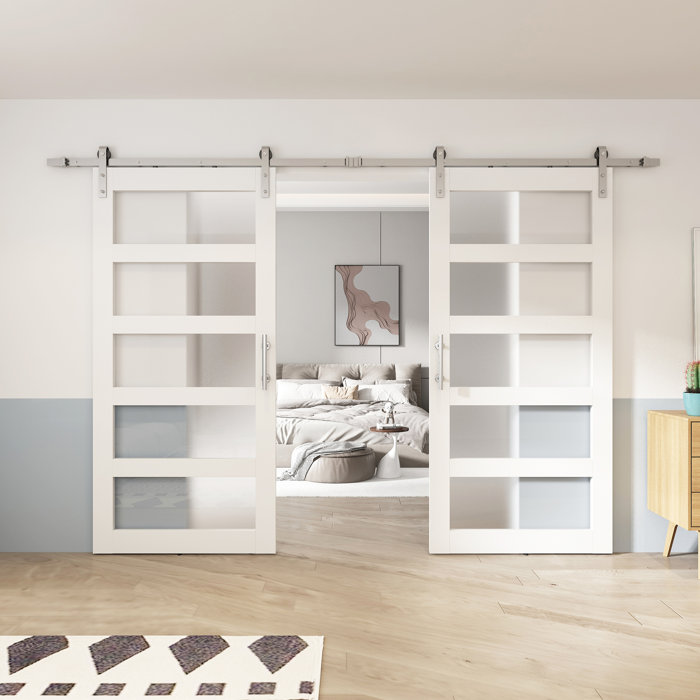 JUBEST Double Glass Barn Door with Installation Hardware Kit and Handle